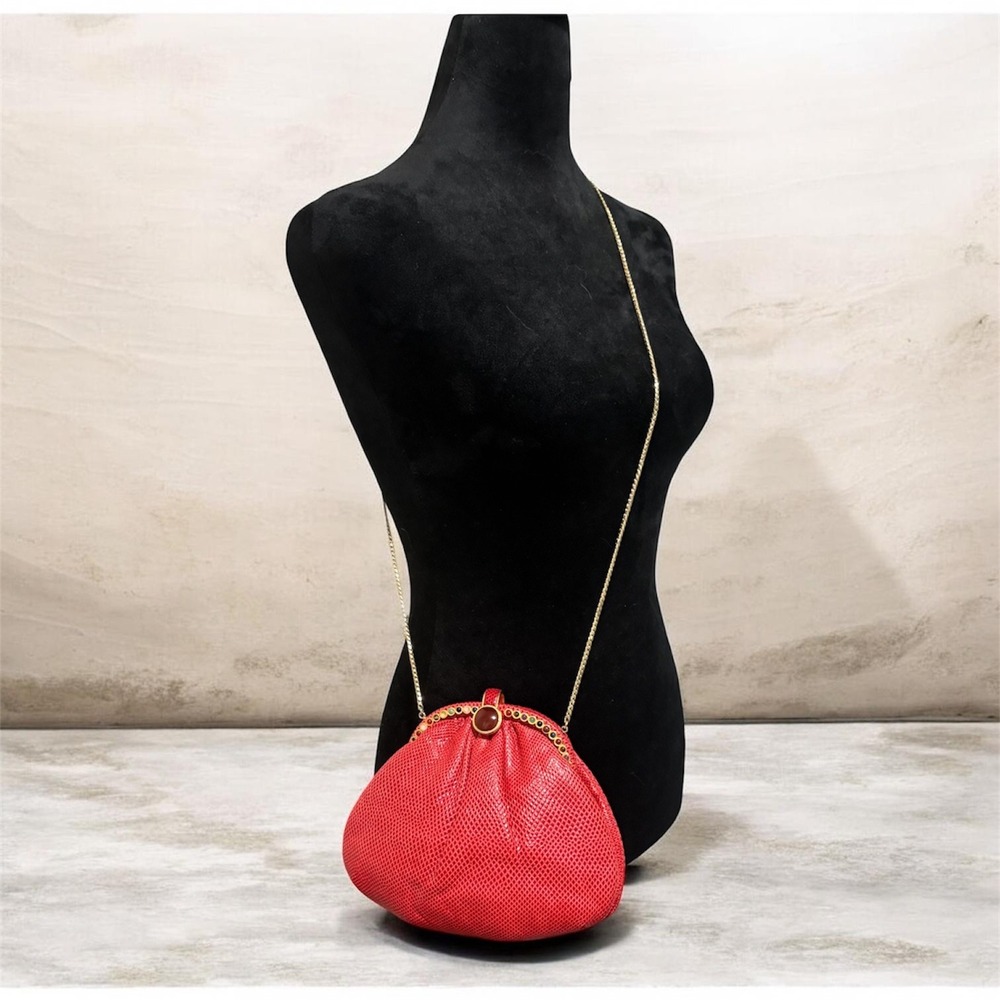 VTG Judith Leiber Evening Bag Red Lizard Multi-Stone Jeweled Pouch/‎ Clutch